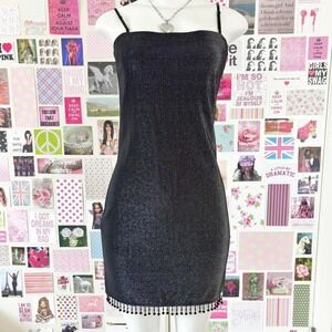 y2k black glitter beaded fringe mini dress city triangles size M